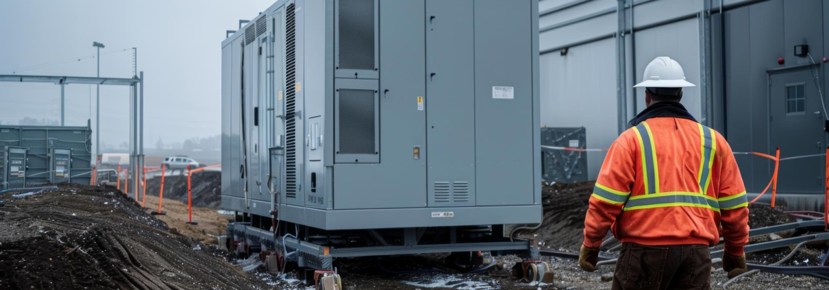 Generator maintenance crew working on a commercial building generator