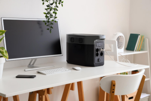 Home setup with different UPS types visible: A desktop UPS unit powering a computer workstation in a modern South African home office
