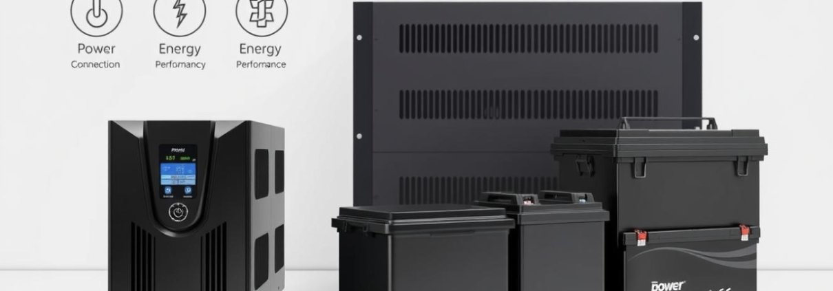 Different UPS battery types and UPS system with power connection indicators